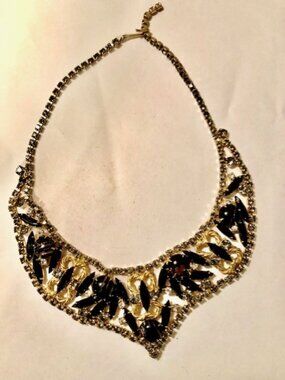 Marquise Black Stone Statement Necklace, Gold Tone, with rhinestones. Stunning!